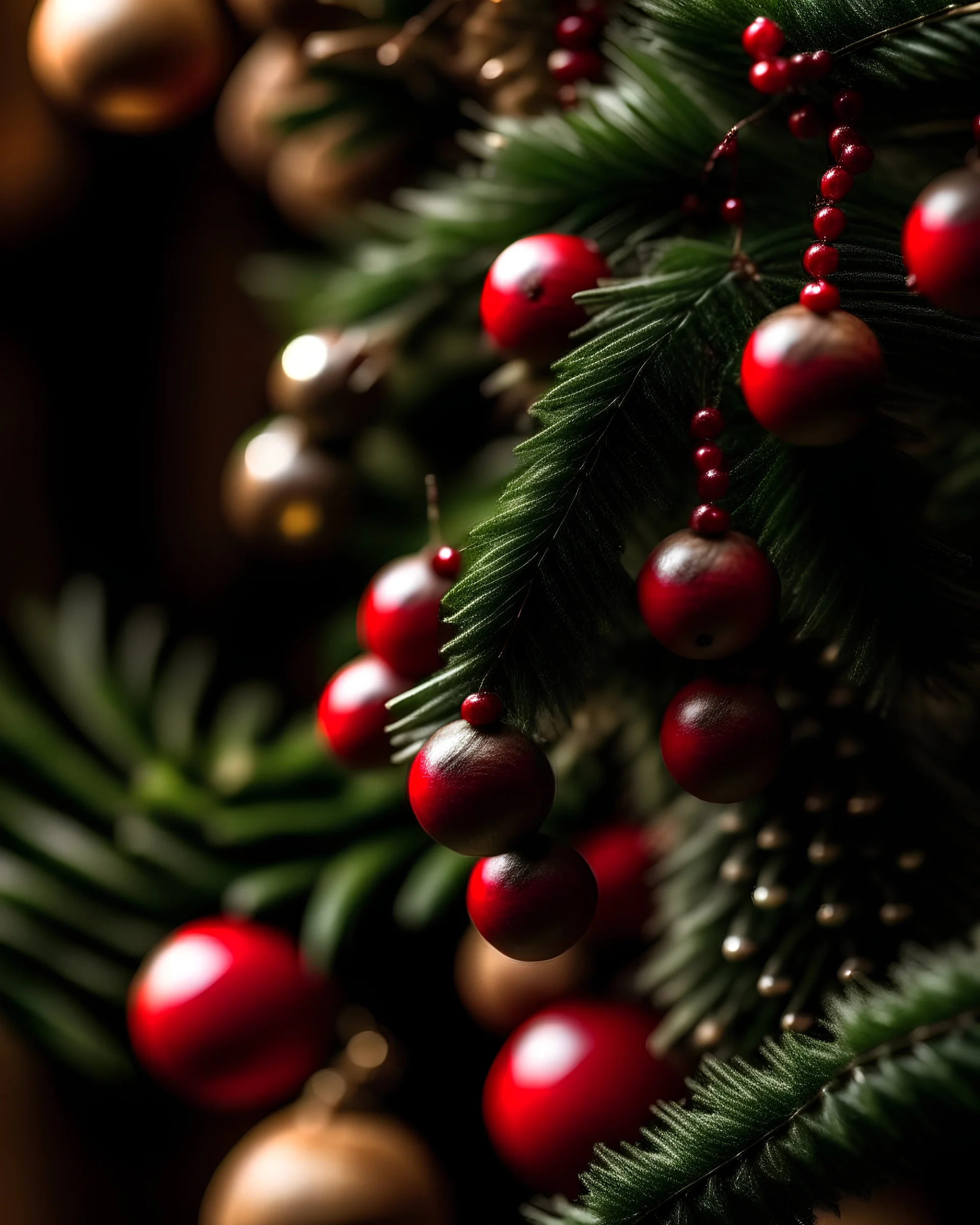 coloring pages: A close-up with blurry background of a traditional Christmas tree decorated with strings of cranberries, pinecones, and rustic wooden ornaments.