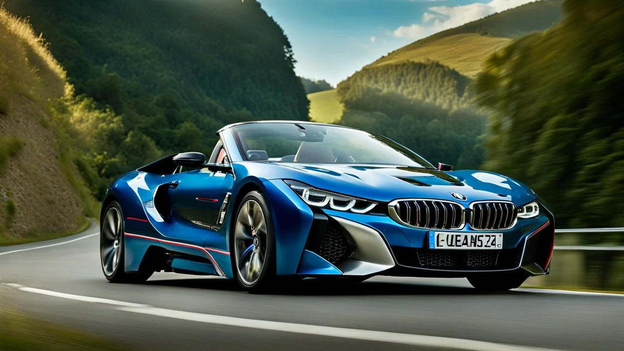 A sleek with livery (((BMW Chironz))), its contours and details perfectly captured in a (((cinematic view))), zipping along a winding road under a beautiful blue fresh morning sky