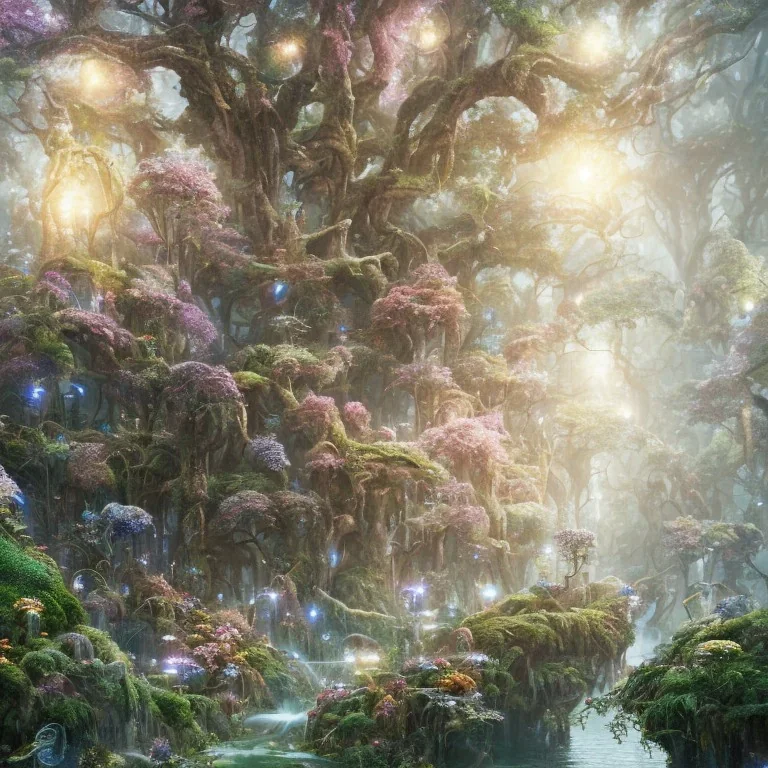 the most stunning, beautiful, fairy forest with flowers, twisting trees, floating globes of light, reflective lake, 8k resolution, high-quality, fine-detail, iridescent, intricate, digital art, detailed matte, volumetric lighting, illustration, 3D octane render, brian froud, howard lyon, selina french, anna dittmann, annie stokes, lisa parker, greg rutowski, George Grie, Ben Goossens, Igor Morski