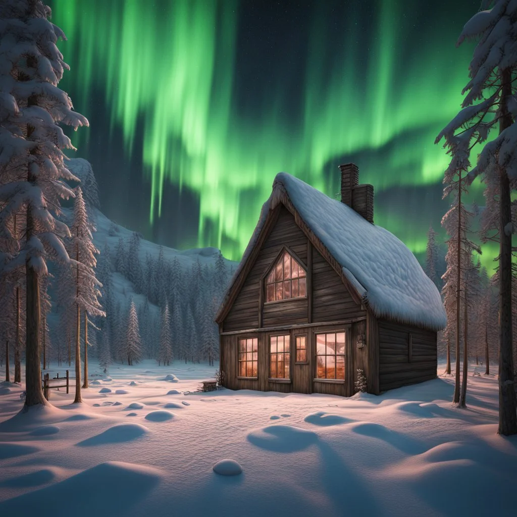 photorealistic cabin in a warehouse, surreal, liminal, winter, inside the cabin is an exterior landscape with aurora borealis