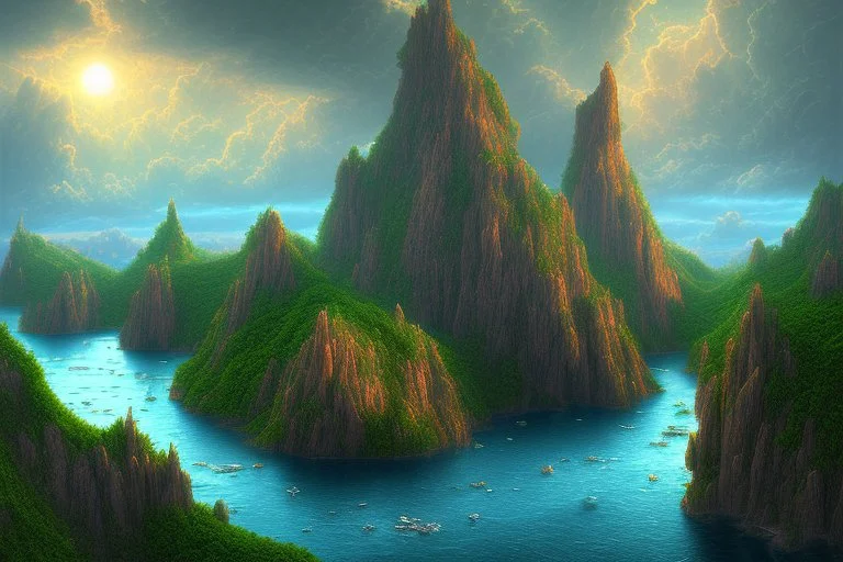 Clouds, cliff and lagoon, science fiction landscape