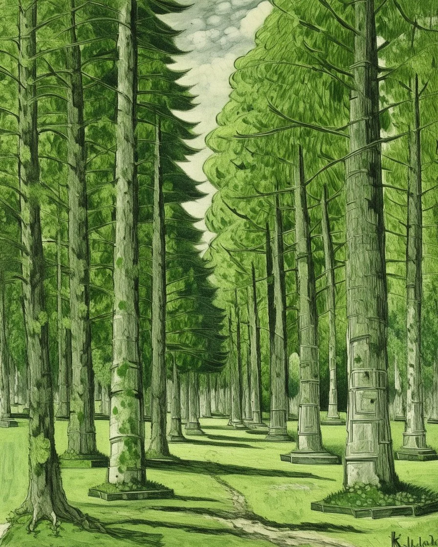 A green forest with giant trees designed in Ica stones painted by Maurice Utrillo