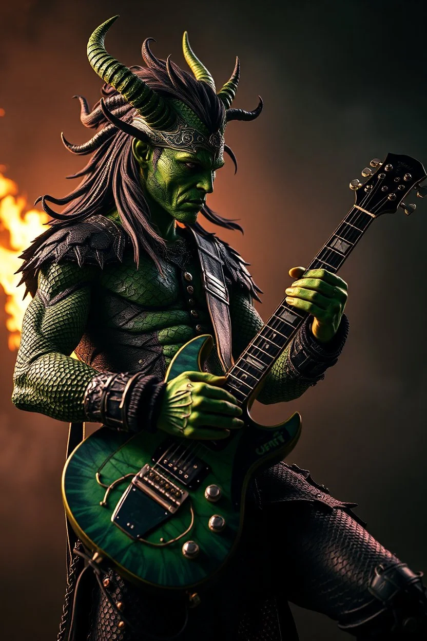 A rock star playing the guitar, looking at you green skin , scales, unreal engine 6, high detail, intricate, cinematic. photoshoot style, intricate, studio lighting, masterpiece , highly detailed, 8k, best quality, fire, smoke, dramatic,d,<lora:mshn:0.7>,<lyco:Warrior_Couture:0.5>,