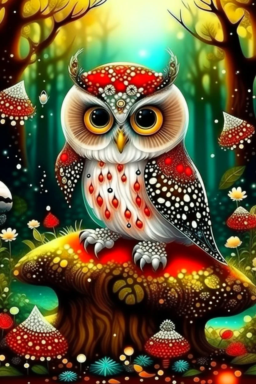 a beautiful funny owl, glittering jewels, sitting on a mushroom with red and white dots, in the forest