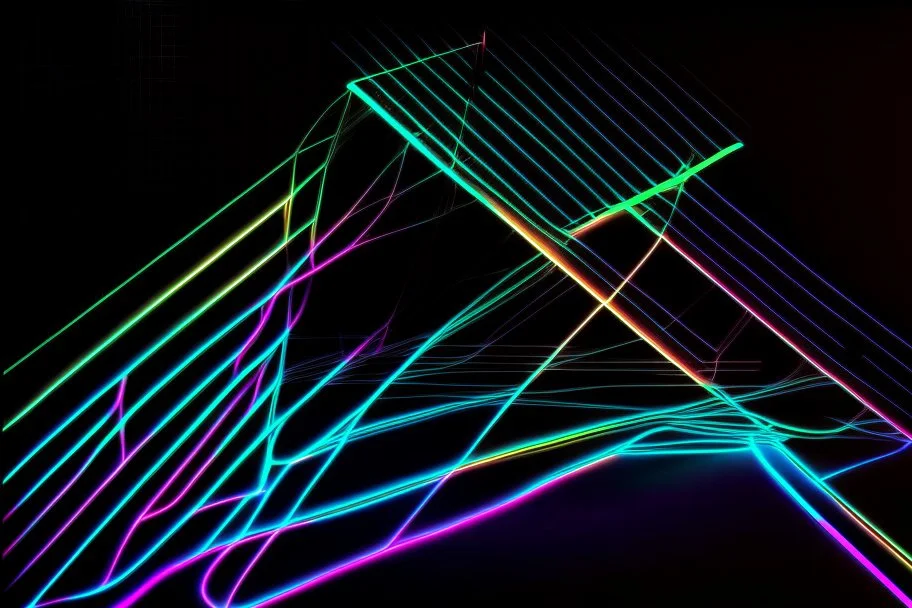 black background, outlines of a holographic graph, drawn from thin neon-coloured glowing lines