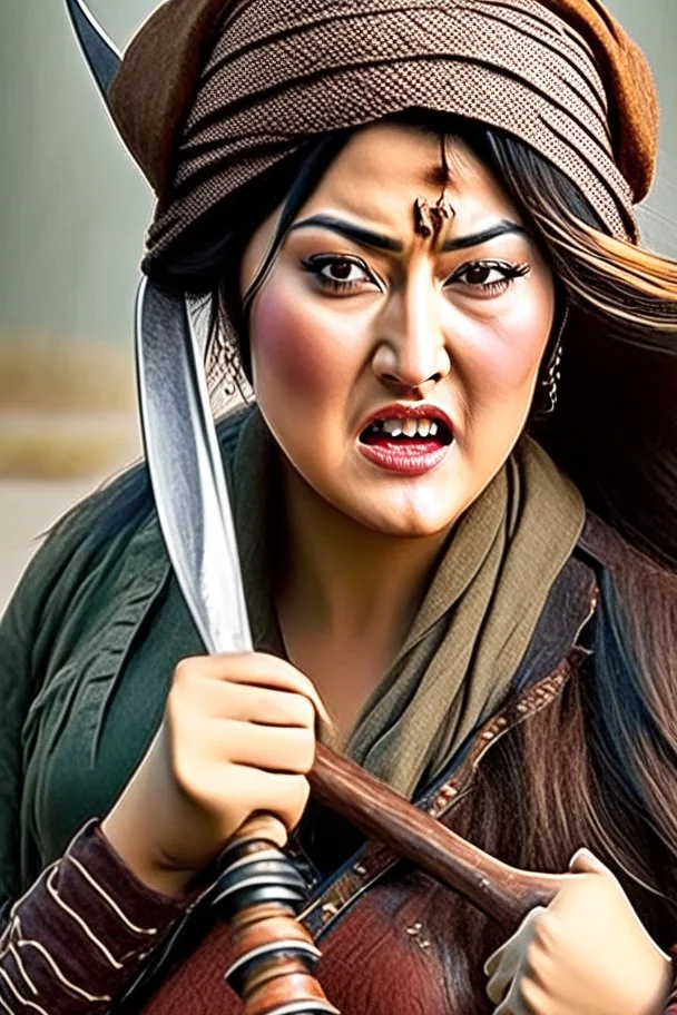 style comdey character : A woman, believing herself a fearsome warrior, dramatically confronts the She holds her sword upside down A Mongol casually pushes her over and steals her dictionary, Woman stands defiantly, sword held backwards, Ertugrul music blasting in the background. Mongols look confused Close-up of the woman naked confident face shouting her challenge. Mongol soldier pushes her with a bored It was a beautiful woman for the soldiers. All the soldiers Crowded marry naked her.