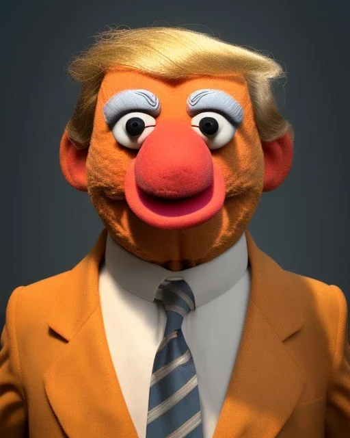 Waist up Portrait, Donald trump muppet, Sesame Street style, retro style, photo studio, unreal engine 5, god lights, ray tracing, RTX, lumen lighting, ultra detail, volumetric lighting, 3d.