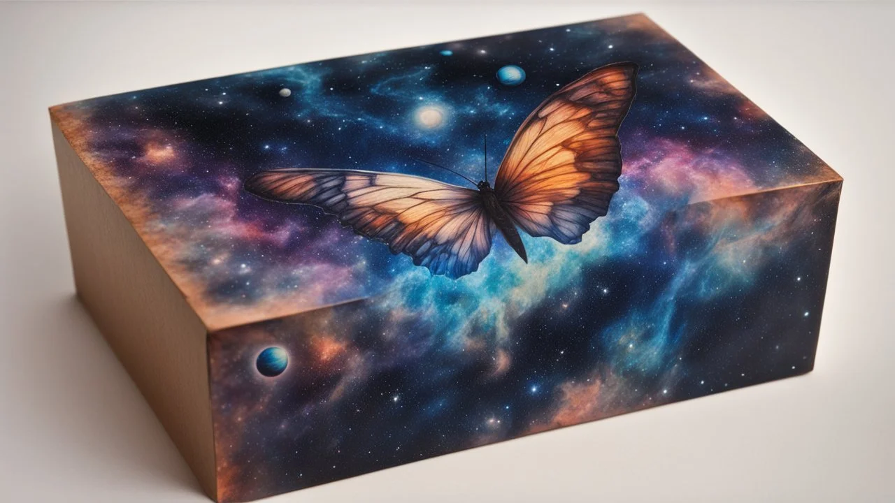 a box 10 cm long by 5 cm wide and 25 cm high, drawn on a box on all sides, butterfly nebula, space, tress, planets,, realistic