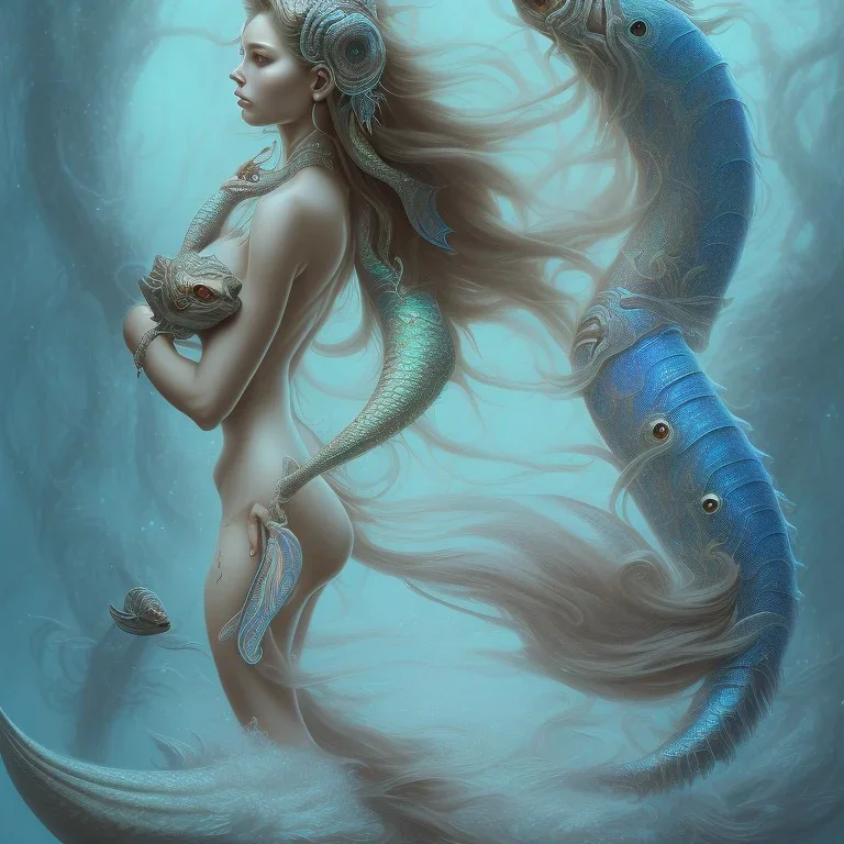 sango fantasy, fantasy magic, intricate, sharp focus, illustration, highly detailed, digital painting, concept art, matte, artgerm and paul lewin and kehinde wiley, masterpiece sexy lips Asian lady fish body mermaid turquoise space lady beach sea