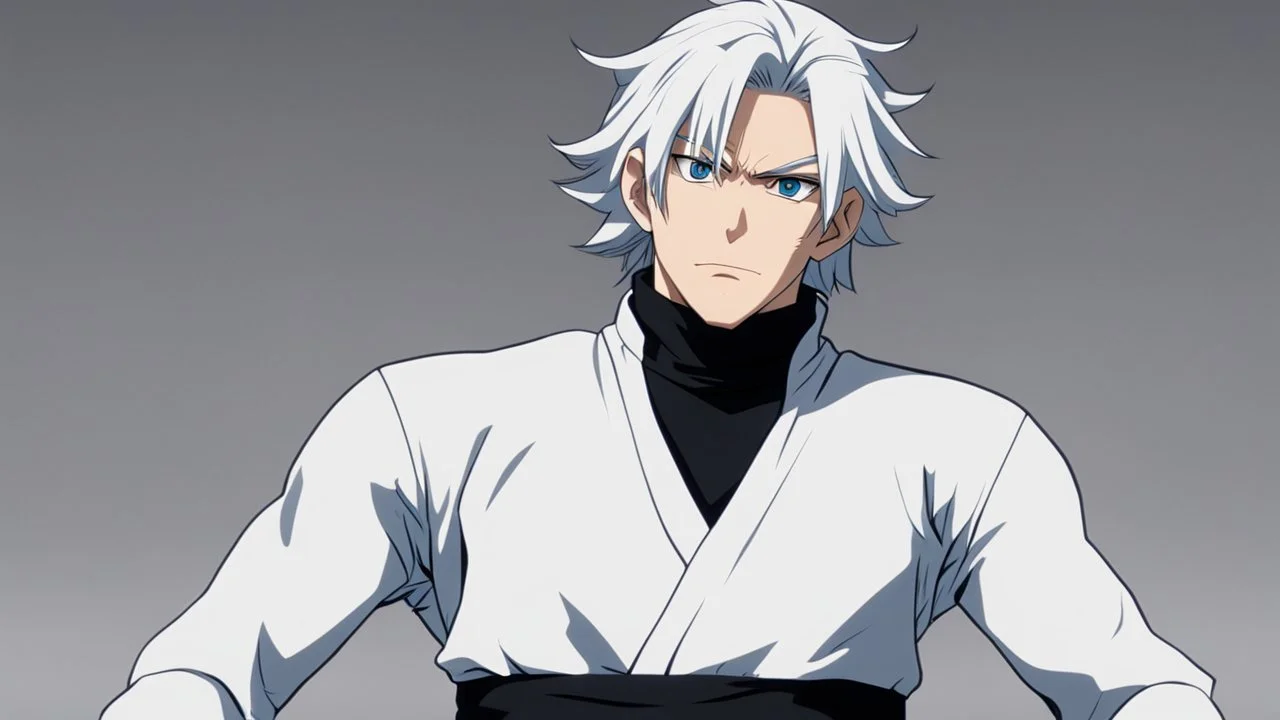 Satoru Gojo is a young guy white hair blue eyes black turtleneck without arms white loose pants in a defensive pose