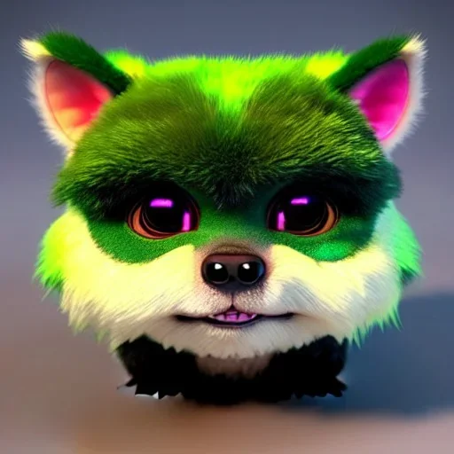 cute chubby gremlin ewok fox monster, friendly, darling creature, pet monster, meticulously detailed fur, cute face, pastel freckle spots, smile, four enormous clear bright neon eyes, huge, pointed ears; colorful; by Aleksandr Kumpan, CreatureBox, Justin Gerard; luminous color sparkles, 3D realistic, photorealism, high contrast