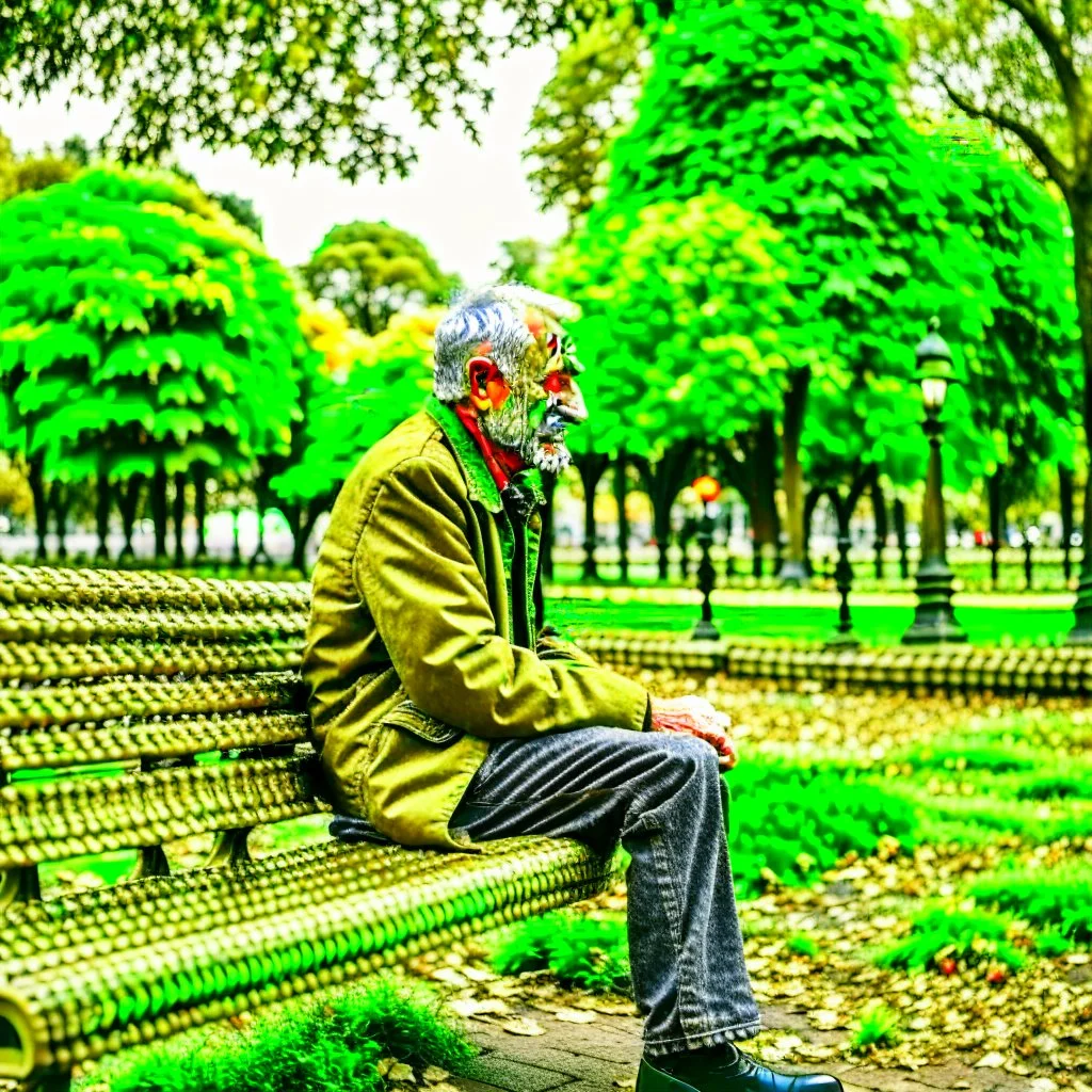 The figure of a man in a park sitting on a bench, thinking about complex issues.