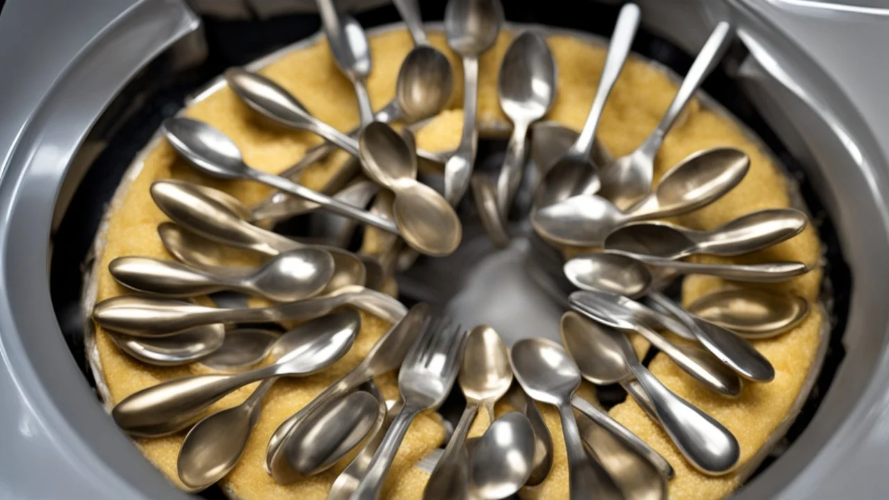 very confused young woman puts 8 metal spoons inside her home dryer