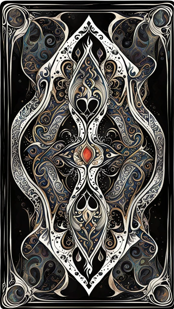 create a full color, ink wash and watercolor, ornate abstract expressionist arabesque style bordered symmetric playing card template on a black background