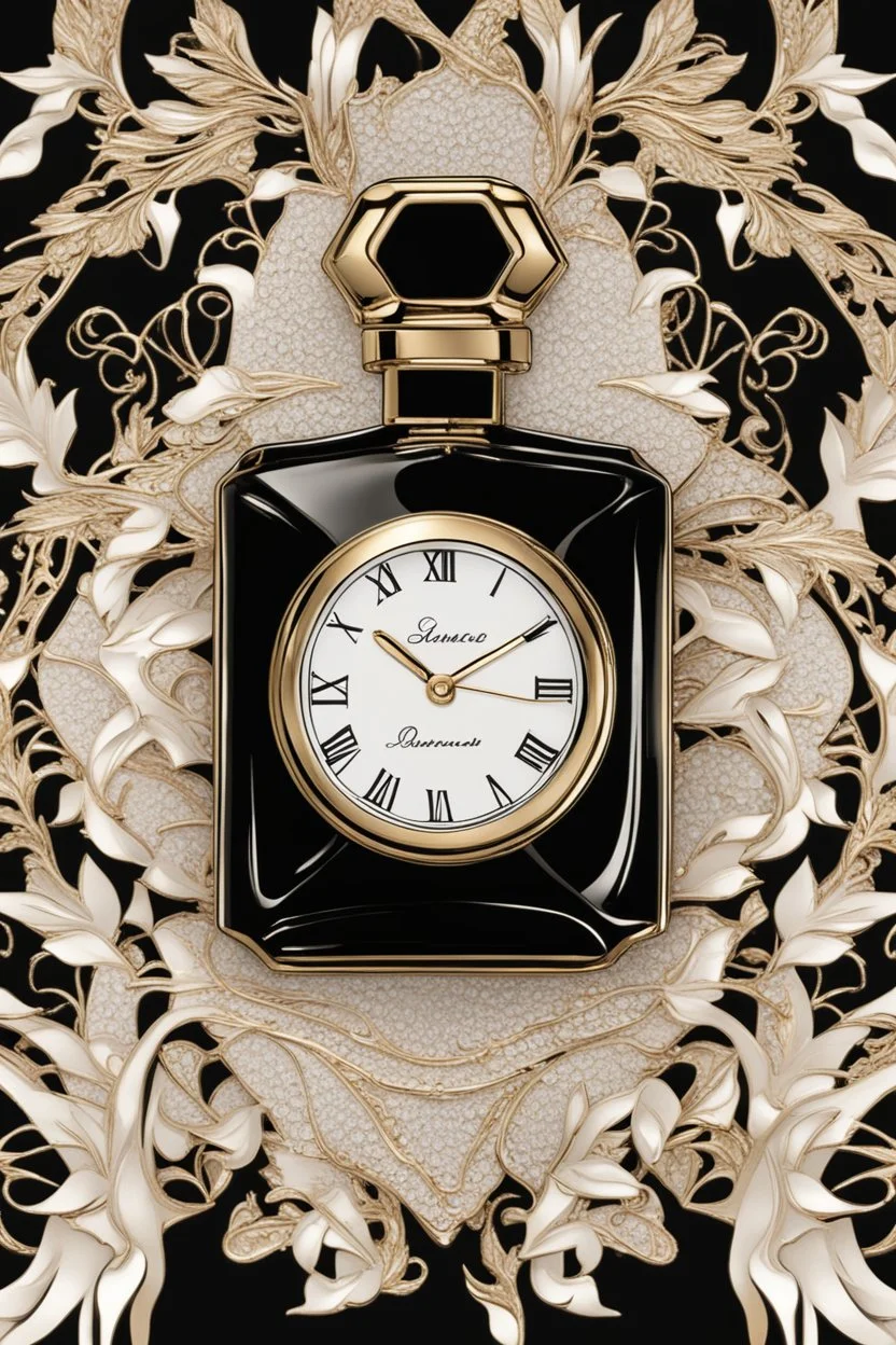 Black perfume bottle design with white gold embossed watch