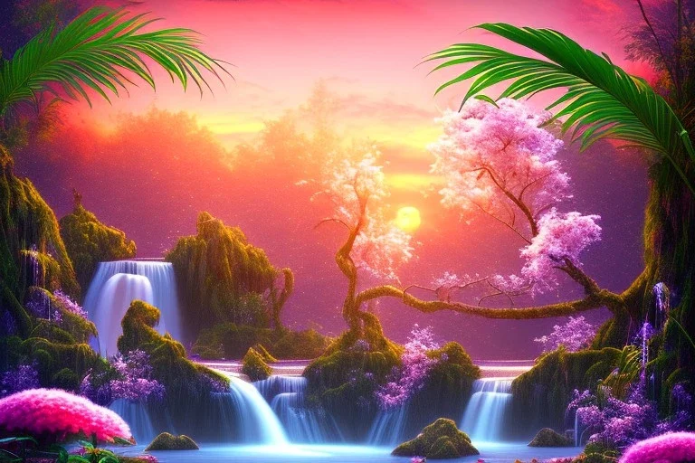 island waterfall palms twigs spring sunset pink flower bridge buterflies