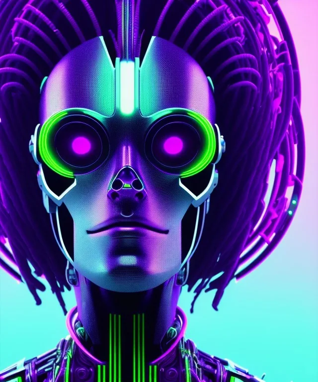 A sharp cyborg alien portrait,sci-fi style,purple and black light neon colours,rasta hair,8k.