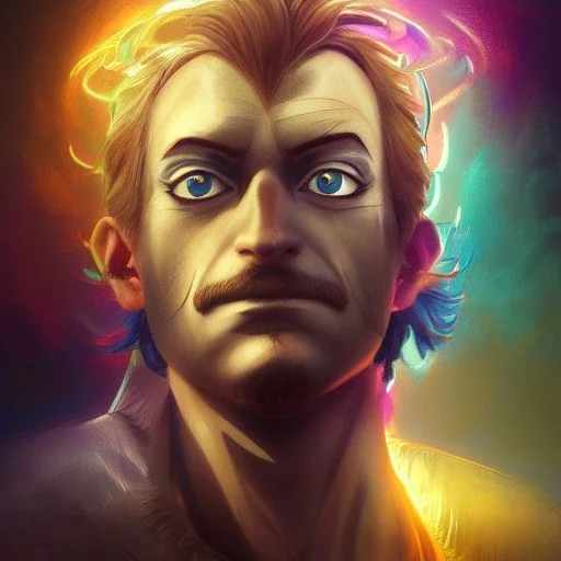 head and shoulders portrait, circus, ringleader, Escanor Seven Deadly Sins, arthur kulkov, Russian, lisa frank fantasy, detailed matte painting, fantastical, intricate detail, 8k resolution concept art portrait by Greg Rutkowski, yoji shinkawa dreamscape, fenghua zhong, mystical colors, Golden hour, beeple, neon pastel color palette, beautiful colorful interesting detailed storybook fantasy