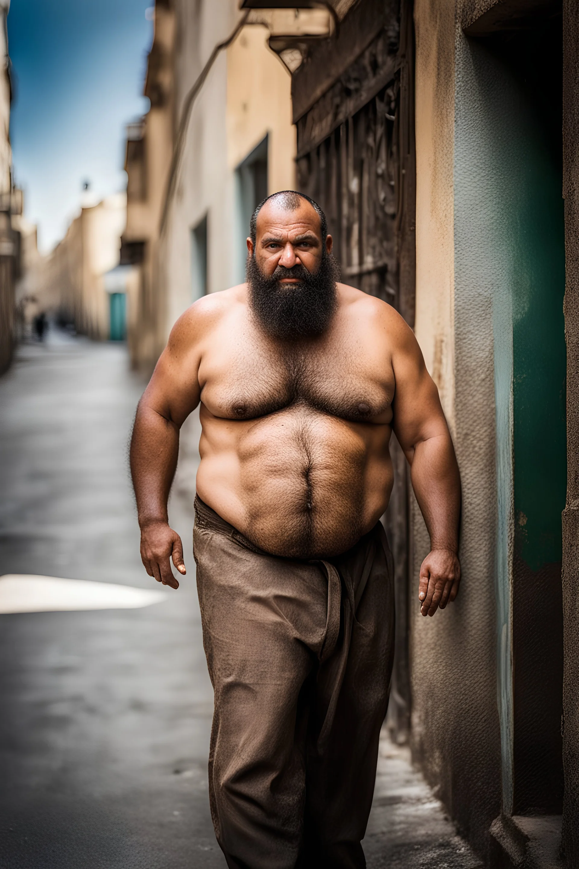 close up photography of an ugly 40 year old stocky big robust burly marocan giant, wearing his work pants, shirtless, leaning with his back on the wall, crossing arms, dirty, sweat, wet, ajar mouth, hairy chest, , very virile, short beard, shaved hair,, , in a sunny street, photorealistic , frontal view from the ground