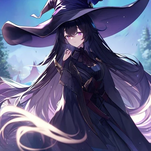 Clear focus,High resolution, black long fluffy hair, long fluffy bangs, purple eyes, wearing a witch outfit