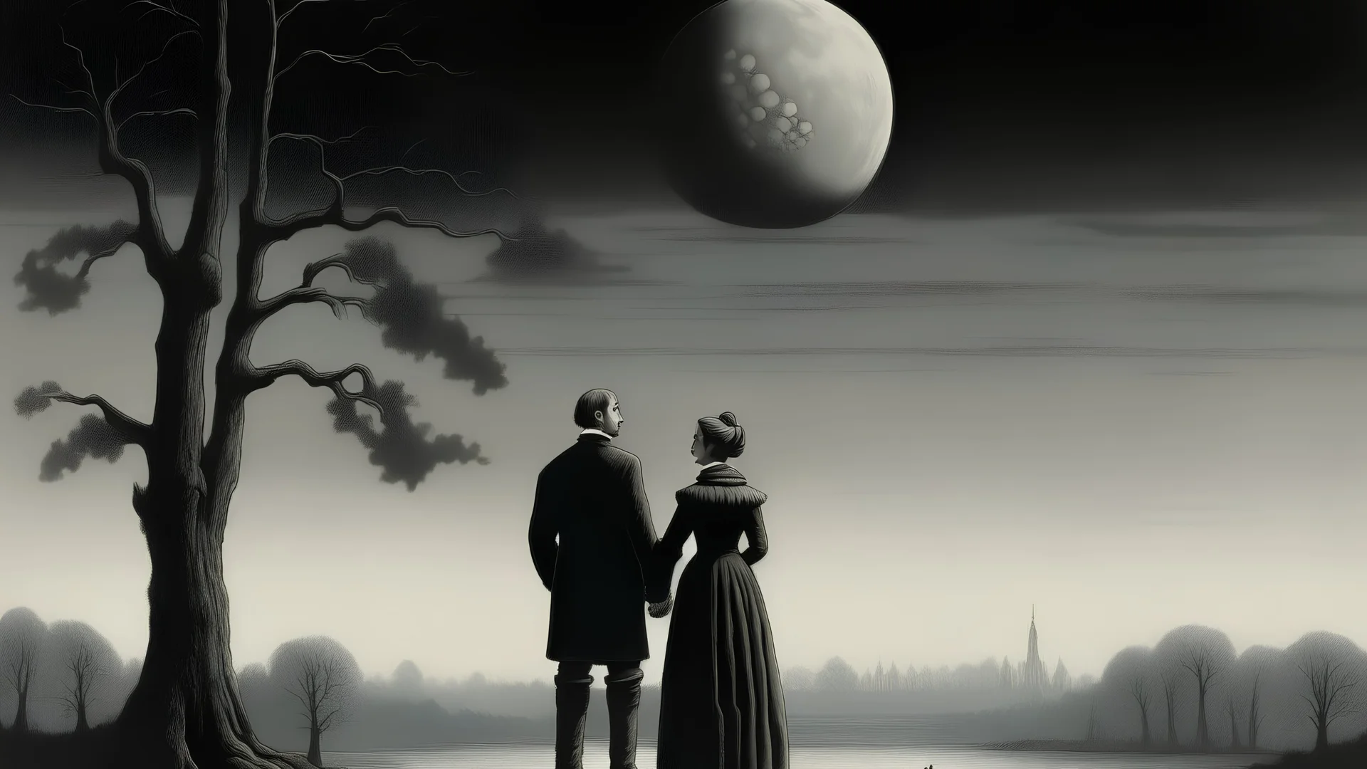 Generates the image of a man and a woman contemplating the moon in the style of Caspar David Friedrich