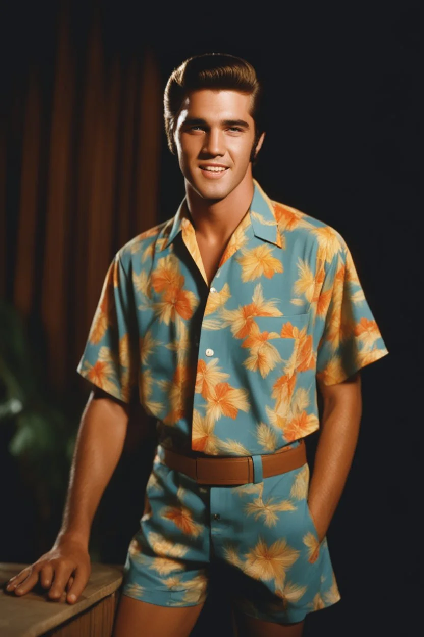 full color Portrait of 18-year-old prude Elvis Presley with medium length bob-styled blonde hair, wearing a Hawaiian shirt and bermuda shorts- well-lit, UHD, 1080p, professional quality, 35mm photograph by Scott Kendall