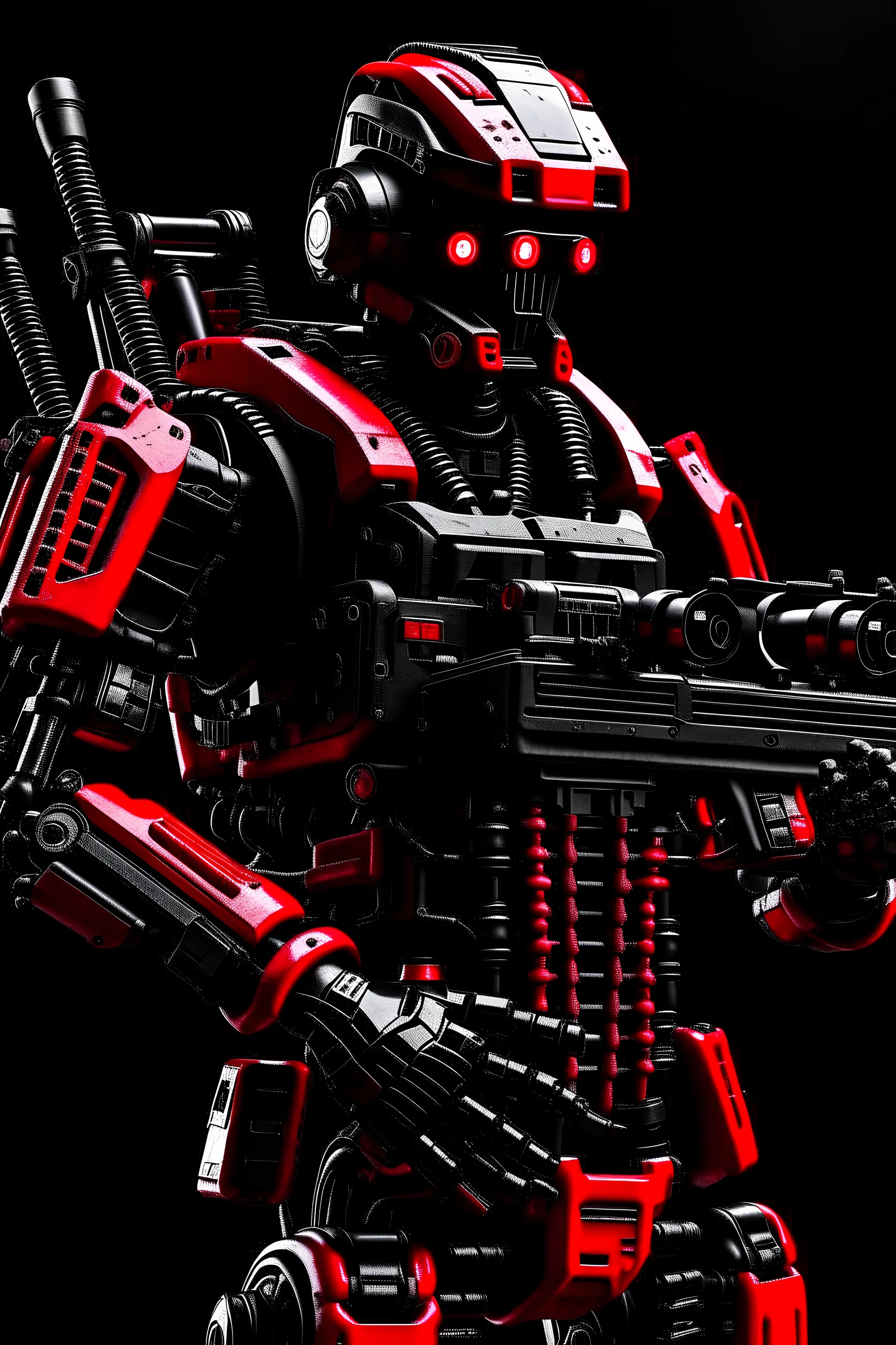 an army robot. guns are attached to his arms. it's color is black and red.