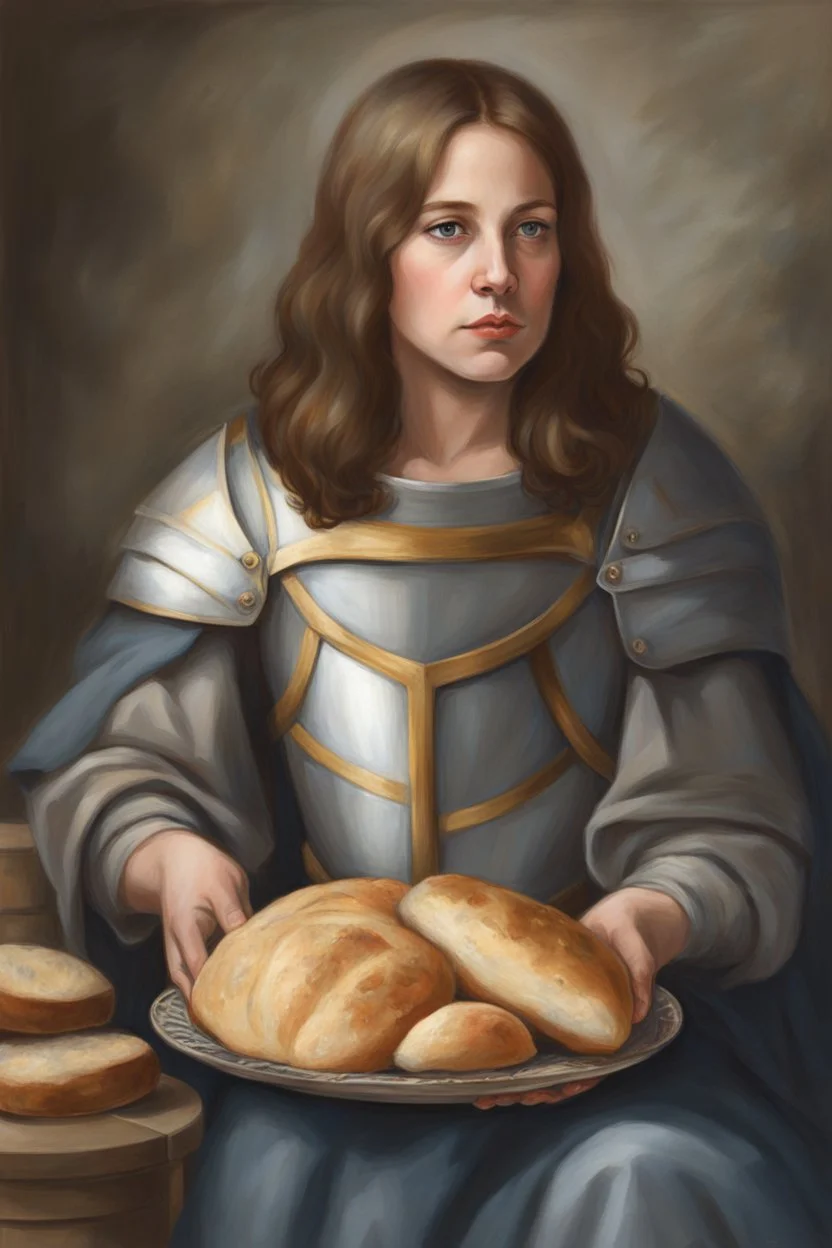 Portrait Art **Featured Art:** Joan, the Philanthropist: A more intimate approach. Joan's armor is replaced by simple garments. She kneels, handing a crust of bread to a child laborer. Her eyes reflect both strength and deep compassion. **Appearance:** evocative portrait concepts of Joan of Arc (an French female / women patron saint of France, honored as a defender of the French nation for her role in the siege of Orléans and her insistence on the coronation of Charles VII of France during the H