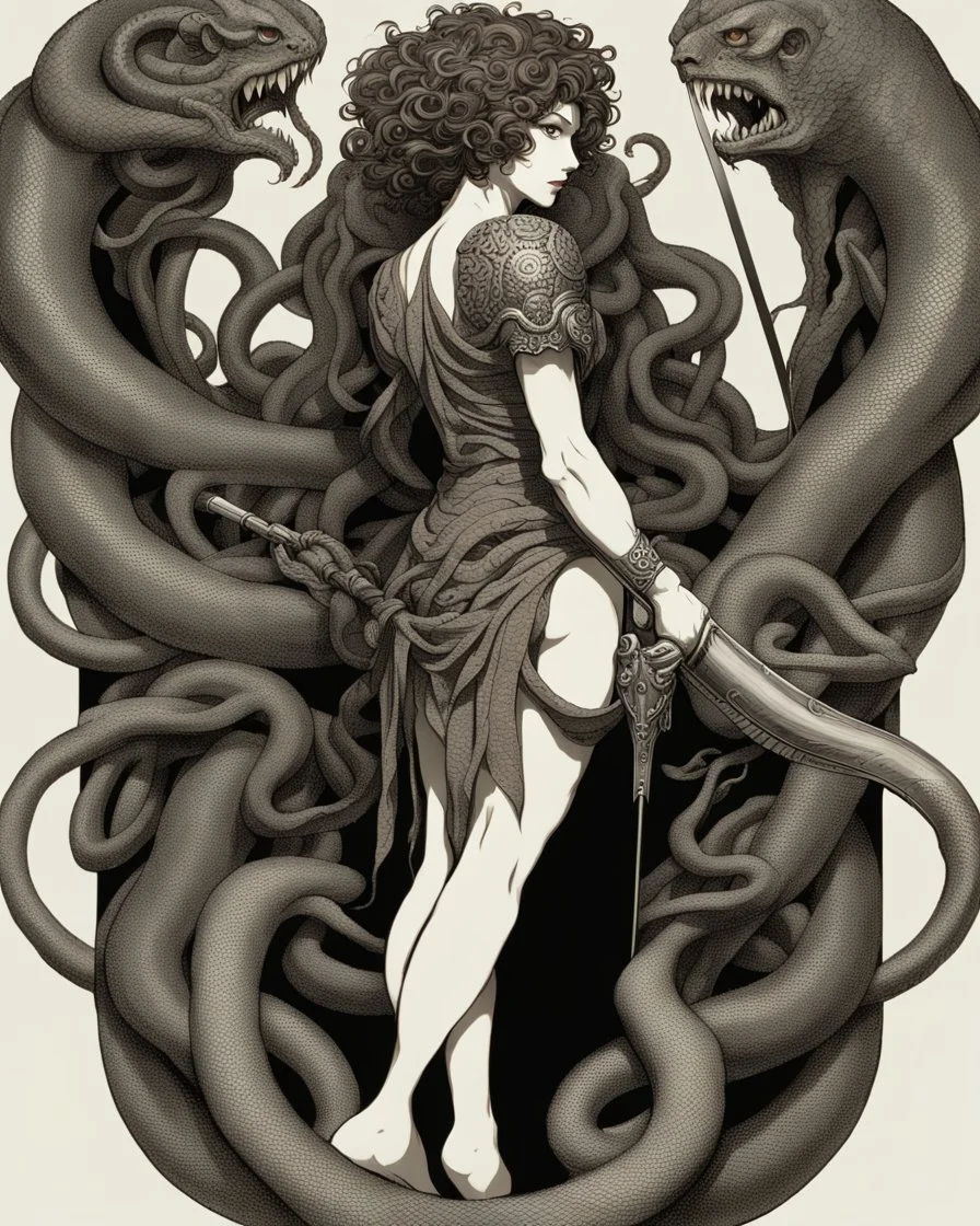 full-length, detailed persona, sword in hand, gorgon medusa, from the back, half-turn, full-length, leans on one leg, snakes on the head instead of hair