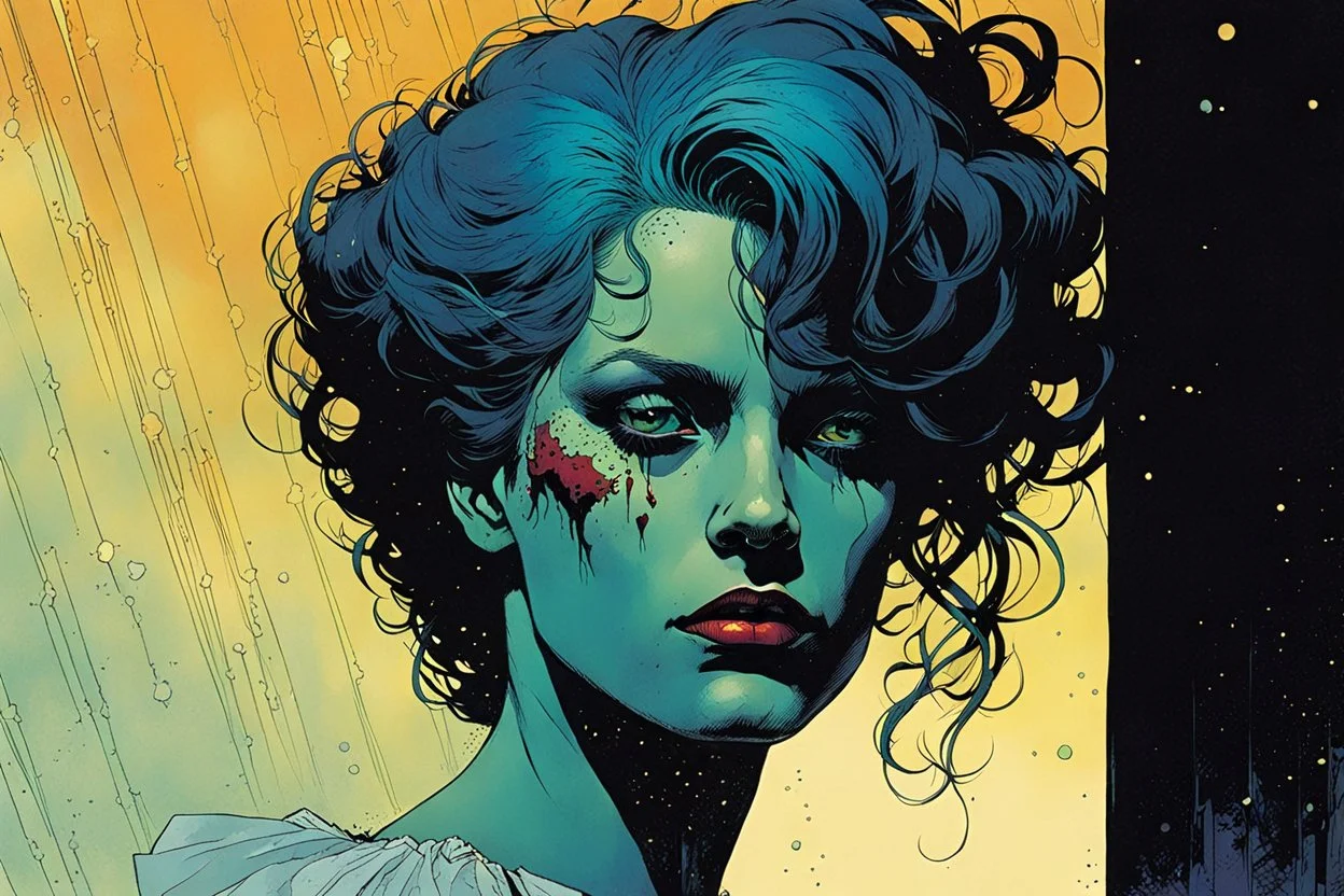 create a hardened, undead teenage Prom Queen, finely defined and sharply lined facial features in the comic book art style of Mike Mignola, Bill Sienkiewicz and Jean Giraud Moebius, , highly detailed, grainy, gritty textures, , dramatic natural lighting