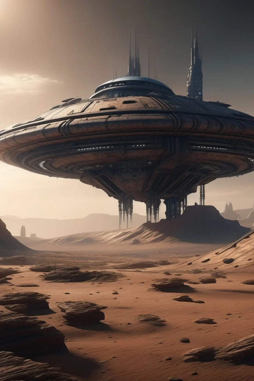 A sleek Spaceship landing in a ruined alien desert city