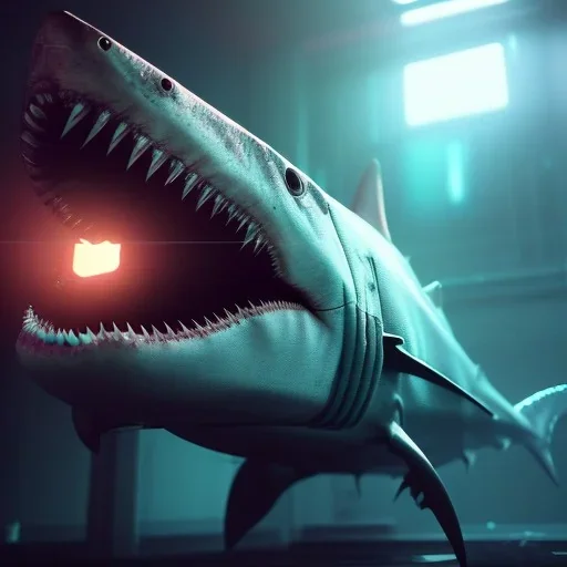 cyberpunk cyber shark deep water unreal 5, octane render, cinema4d, redshift render, hyper realistic, cenematic, vibrancy, synthwave, retouch, centered, dynamic lighting, dramatic lighting, 4k, highly detailed, attractive beautiful, realistic, virtual reality, epic composition, holographic,