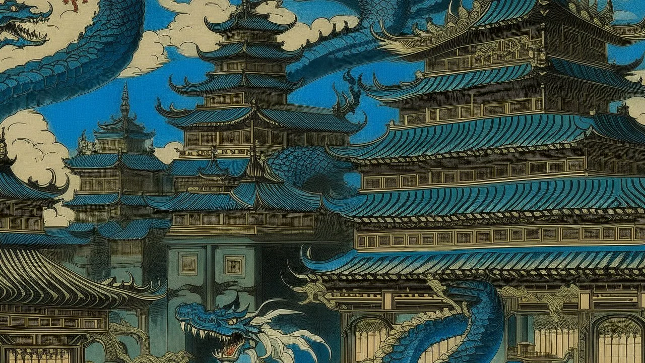 A dark blue palace with dragons painted by Utagawa Hiroshige