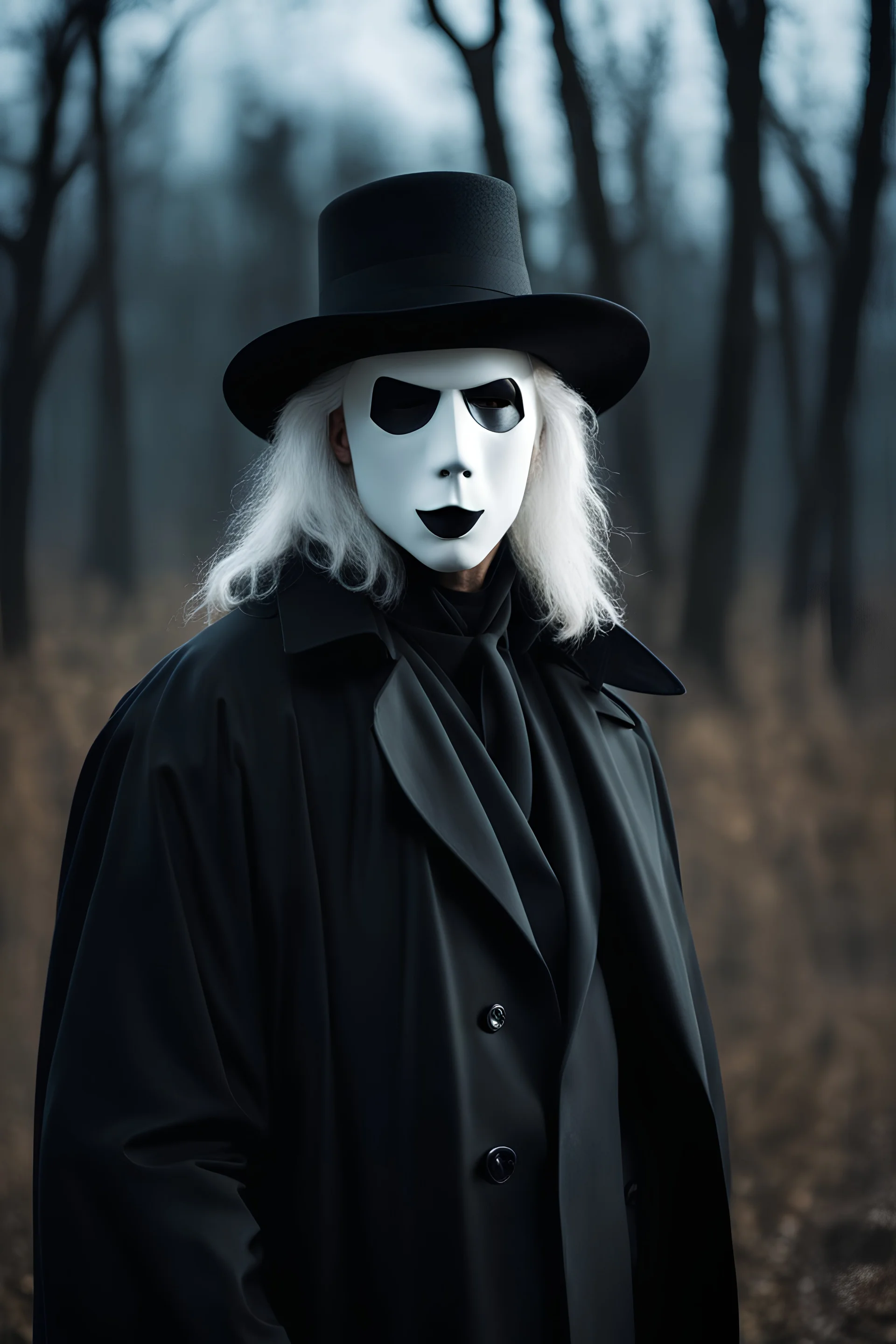 photo raw, 8k uhd, 1990s film still, front man in black trenchcoat and black hat, wearing white plastic halloween mask, white hair, in a dark sfield, sharp focus, realistic,