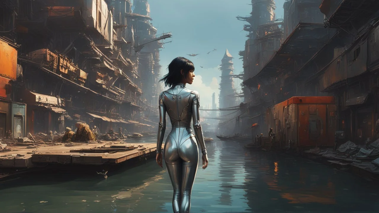 woman in a silver catsuit looking at a view of buildings made of reused dirty rusty metal next to a futuristic canal junction, cyberpunk, many painted colours, flying boats, balconies, bridges, people, shopping, eating, walking, fifth element, ghost in the shell, altered carbon, Ian McQue a masterpiece, 8k resolution, dark fantasy concept art, by Greg Rutkowski, dynamic lighting, hyperdetailed, intricately detailed, Splash screen art, trending on Artstation, deep color, Unreal Engine, volumetric