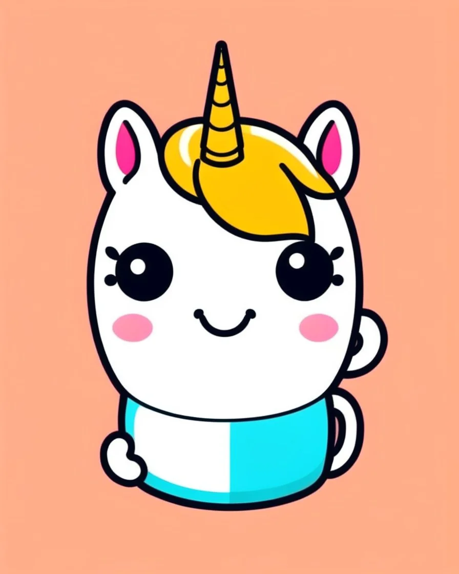 create a 2d outline, minimalist kawaii unicorn smiling and holding happy cup of coffee, high quality, colorful,colors, with beatiful background