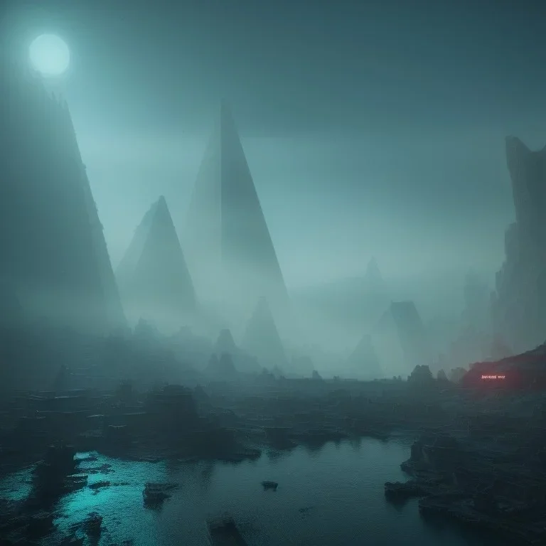 sci-fi city underwater with pyramids and ancient writings, mood is gloomy, colors include blue and red and green, shafts of lighting, mist, , photorealistic, , volumetric light, cinematic