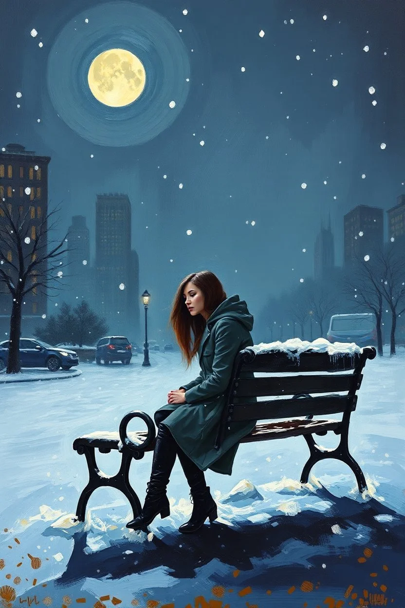 Painting of a lonely young woman . snowy night. sitting on a park bench. cityscape. full moon. night time oil painting. expressive brush strokes. solitude. pensive mood. Urban Melancholy