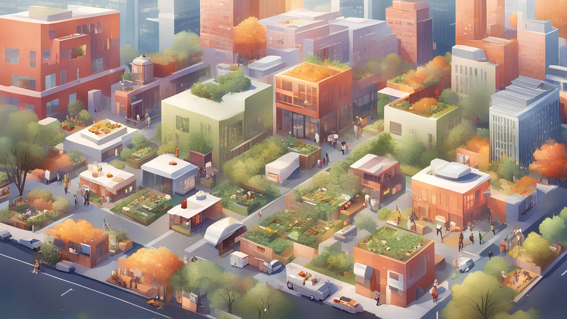 A vivid digital artwork showcasing a lively city filled with a multitude of people partaking in unconventional occupations like cooking in distinct local buildings, urban farming, providing emergency healthcare in a nearby emergency room, working as community nutritionists, and contributing to innovative industries such as new forms of residential construction. The illustration aims to portray a thriving and diverse workforce, emphasizing the significance of community-centered jobs. It should ha