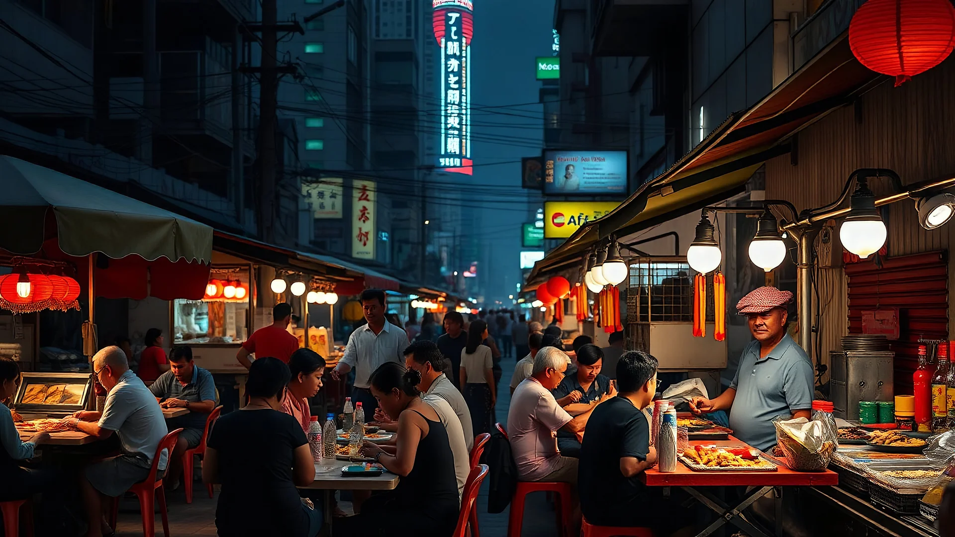 street food in Kuala Lumpur at night, eating stalls, eclectic mix of oriental food, people sitting eating at tables, atmosphere, award-winning colour photograph, beautiful composition, exquisite detail, Nikon 135mm