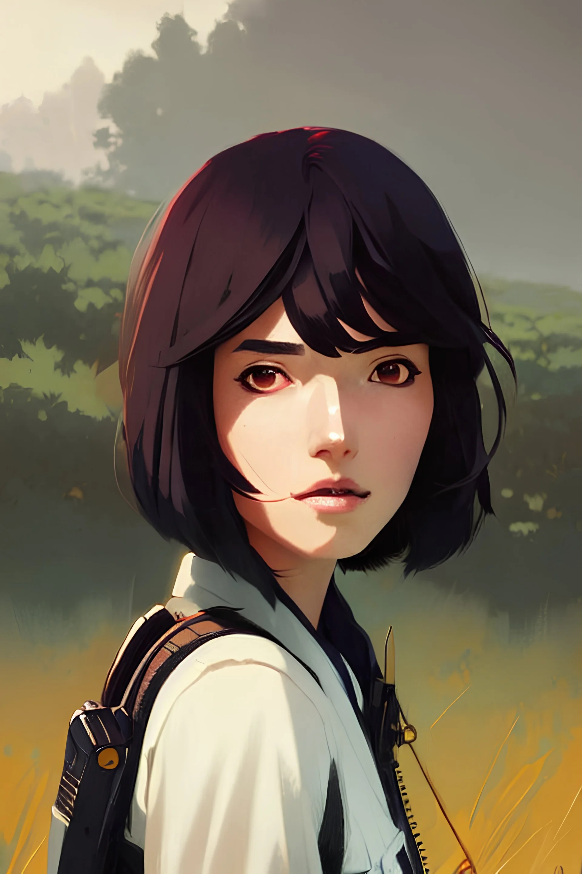 Highly detailed portrait of stunningly beautiful woman, Atey Ghailan, by Loish, by Bryan Lee O'Malley, by Cliff Chiang, by Greg Rutkowski, inspired by image comics, inspired by graphic novel cover art, inspired by nier!! wooden farm color scheme ((farm background)), trending on artstation