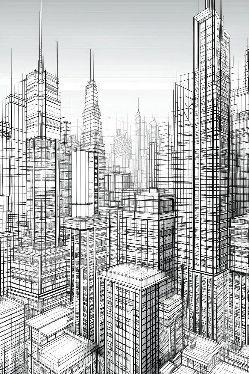 Fine lines draw of a dream city , building , gray