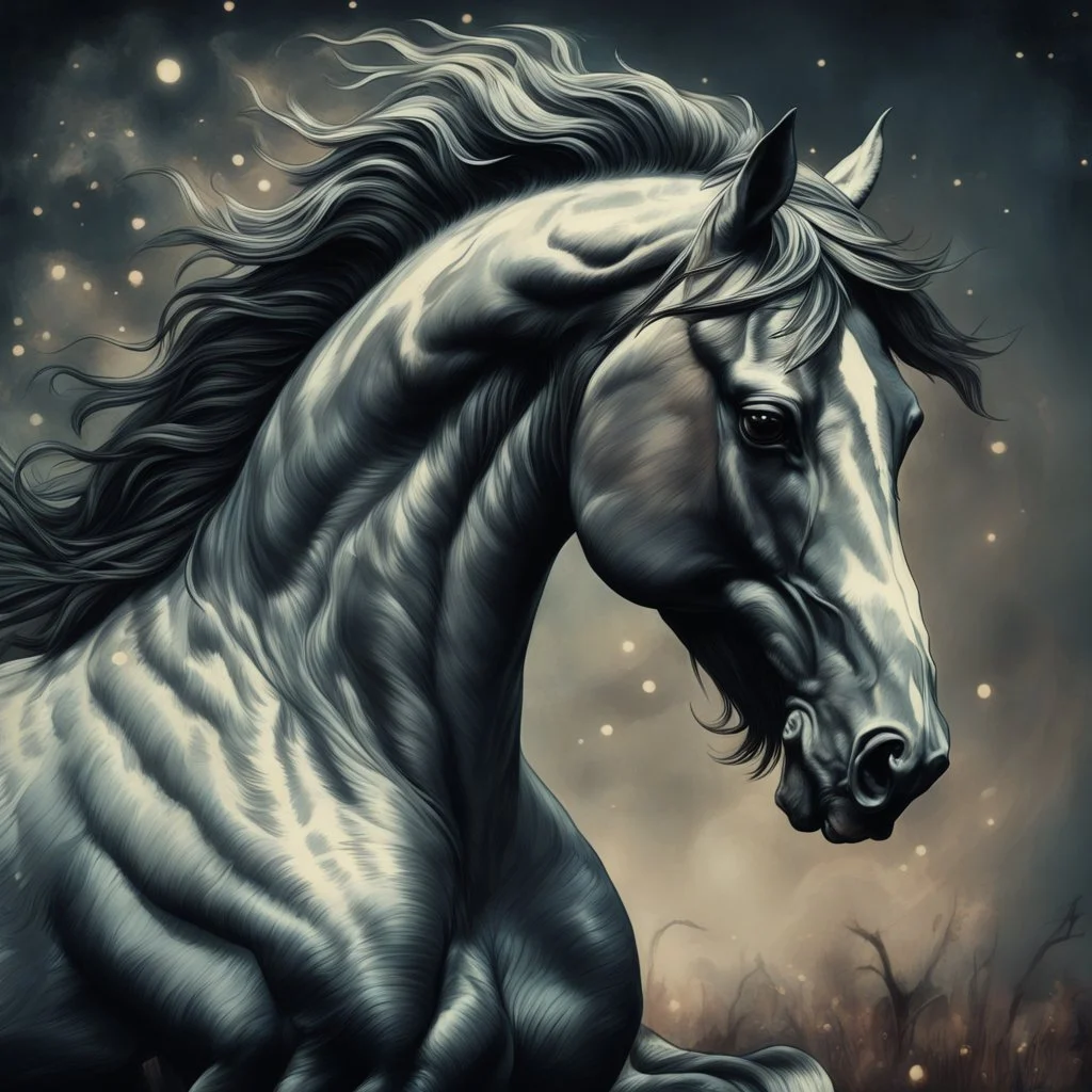 PROMPT: Young stallion in motion, captured in a modern vintage photography style. The image blends necronomic-inspired illustrations with a tabletop photography approach, reminiscent of the 1890s. Hyper-realistic animal portraiture is combined with a ghostly aura and subtle, buzzing details.