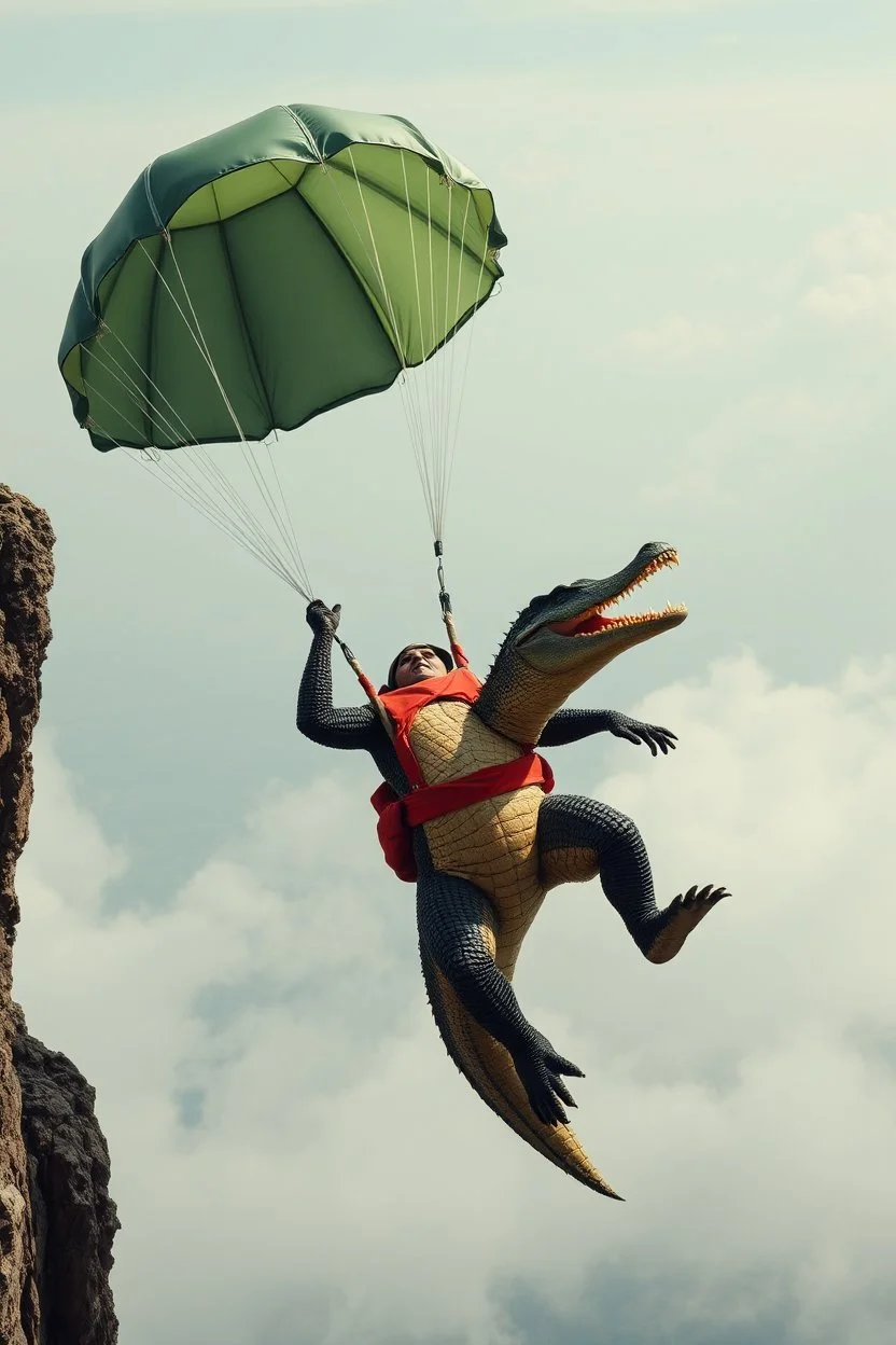 crocodile man huge paratrooper jumper jumping over cliff hang