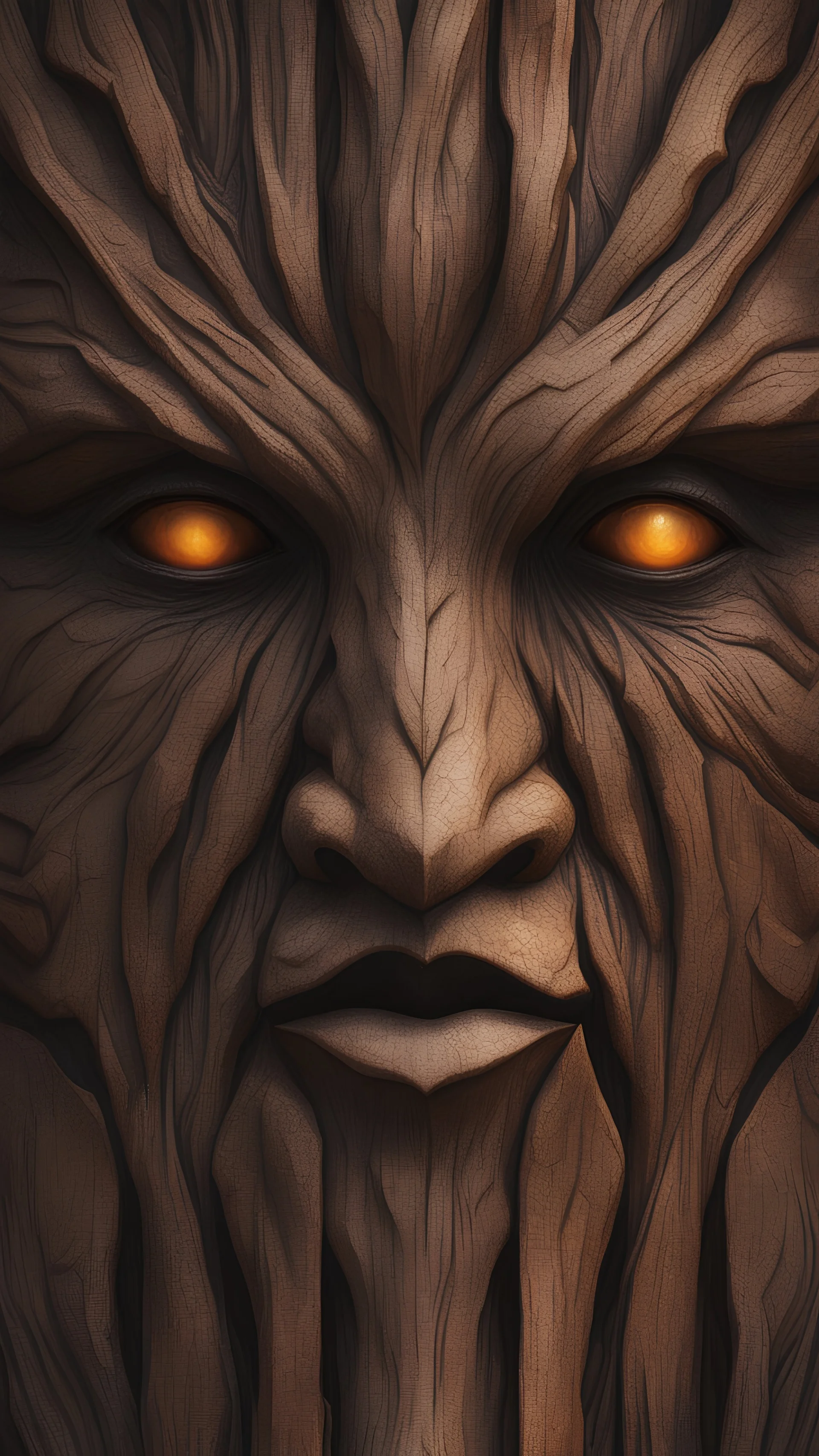 Intriguing bark texture with eerie faces peeking out, 8k resolution concept art portrait by Greg Rutkowski, Artgerm, WLOP, Alphonse Mucha dynamic lighting hyperdetailed intricately detailed Splash art trending on Artstation triadic colors Unreal Engine 5 volumetric lighting Hyperrealistic, splash art, concept art, mid shot, intricately detailed, color depth, dramatic, 2/3 face angle, side light, colorful background .