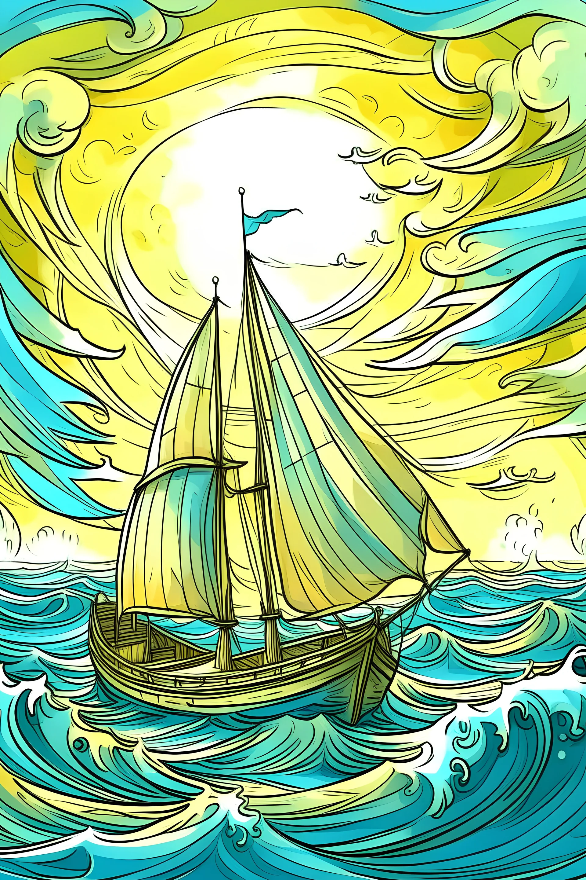 Mohana viajando en el velero una mañana soleada en el mar, llegando a una isla, pájaros volando, viento soplando, sol radiante al estilo van gogh