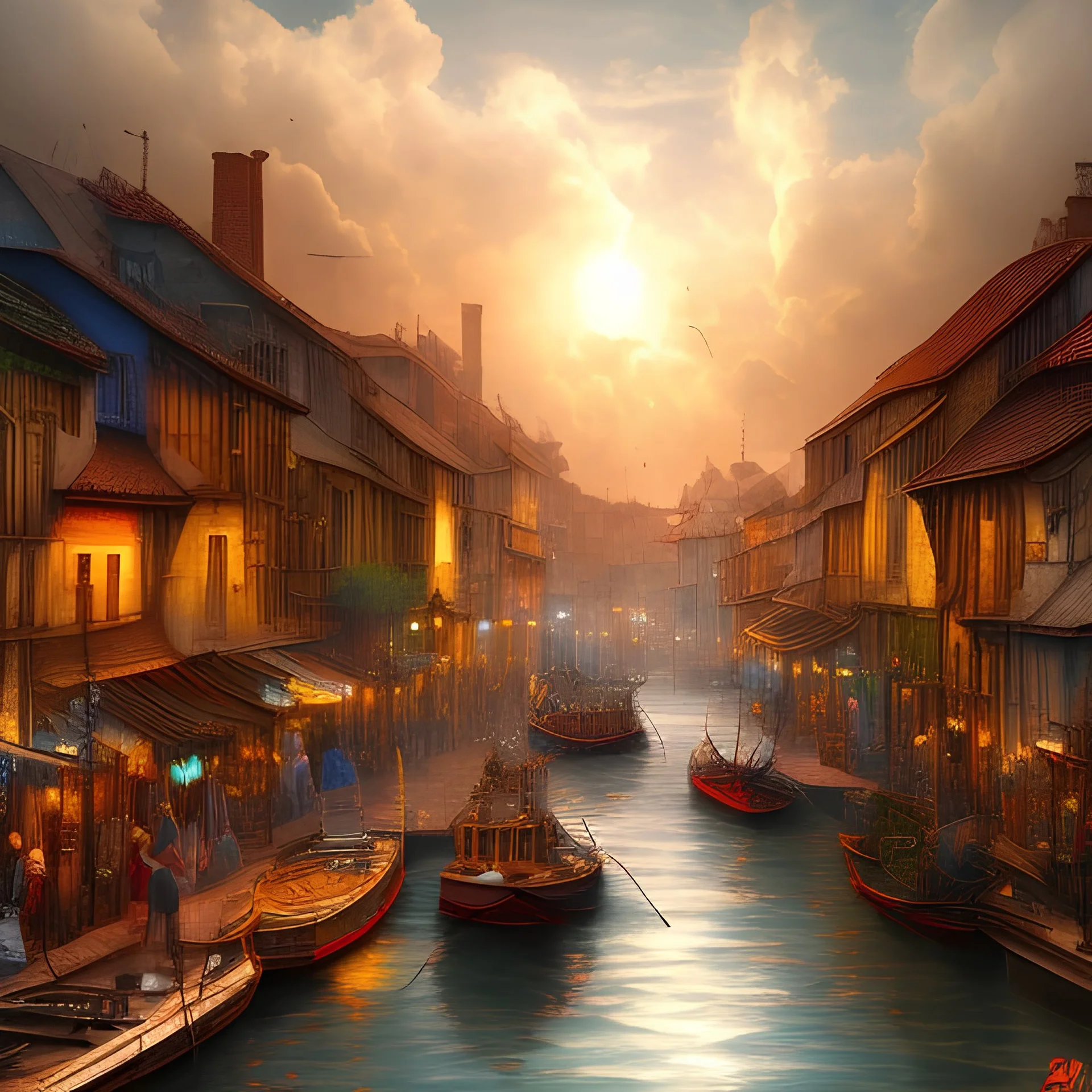 medieval city river, sunny, clouds, fantasy