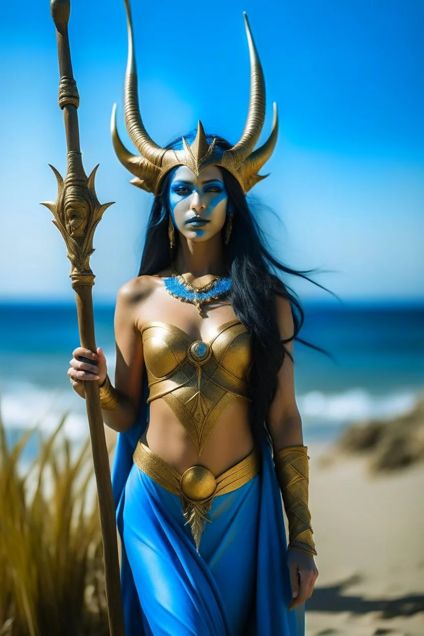 A picture of a beautiful "blue" faced indian goddess with skin painted blue, "blue painted body", "blue painted torso", wild black hair, stag antlers, elven ears, golden skirt, holding a staff on a sunny beach