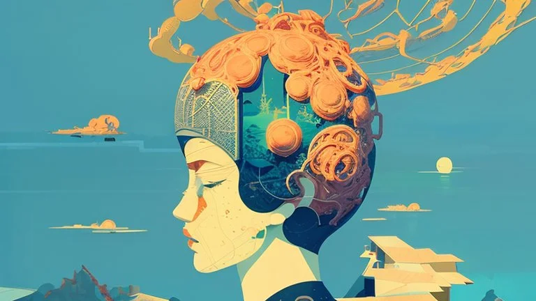 Surrealist Picture Entitled "Abiding In Peace", Hyper-Detailed, Constructivist, Neo-Pop Art, Victo Ngai