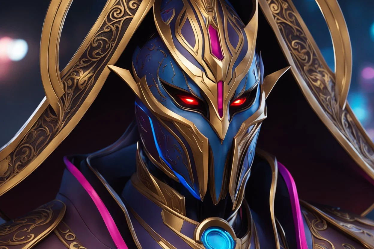 Jhin in 8k live action artstyle, mask, wapen, close picture, neon lights, intricate details, highly detailed, high details, detailed portrait, masterpiece,ultra detailed, ultra quality